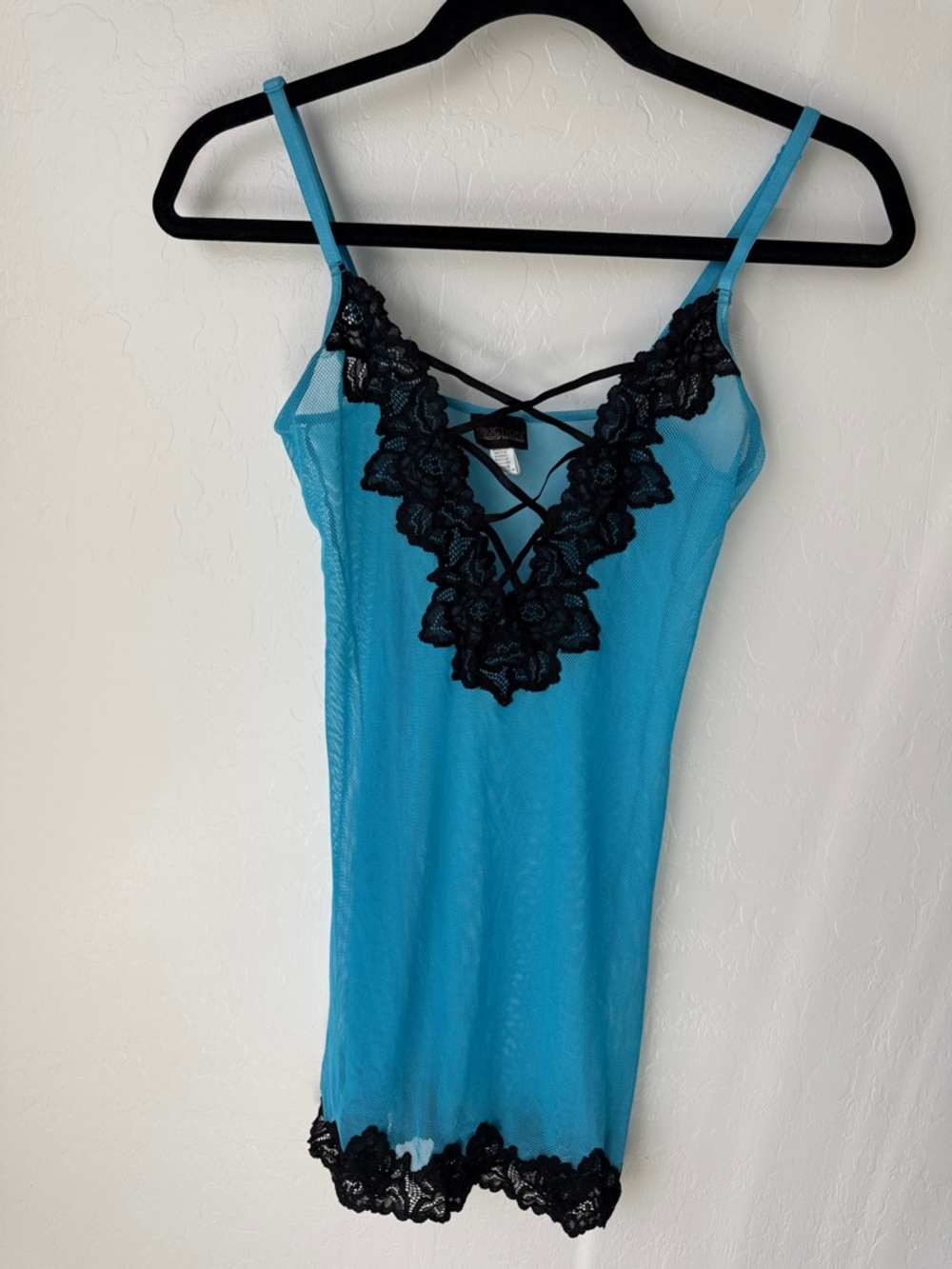 Frederick's of Hollywood Blue Mesh Chemise with Black Lace Trim